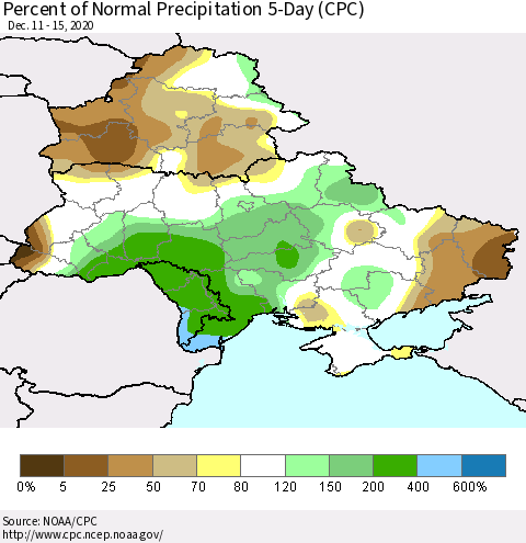 Ukraine, Moldova and Belarus Percent of Normal Precipitation 5-Day (CPC) Thematic Map For 12/11/2020 - 12/15/2020