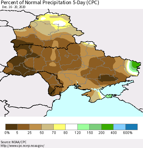 Ukraine, Moldova and Belarus Percent of Normal Precipitation 5-Day (CPC) Thematic Map For 12/16/2020 - 12/20/2020