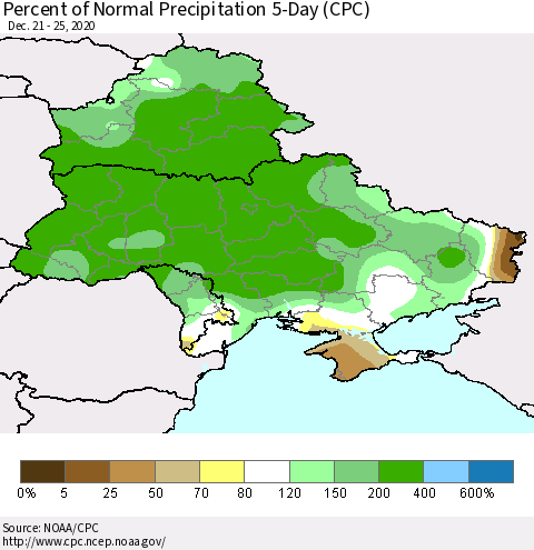 Ukraine, Moldova and Belarus Percent of Normal Precipitation 5-Day (CPC) Thematic Map For 12/21/2020 - 12/25/2020