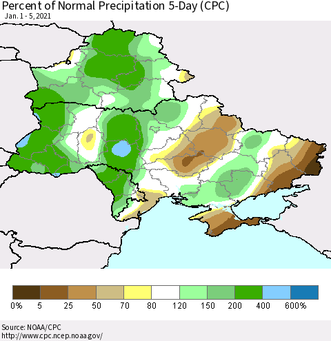 Ukraine, Moldova and Belarus Percent of Normal Precipitation 5-Day (CPC) Thematic Map For 1/1/2021 - 1/5/2021