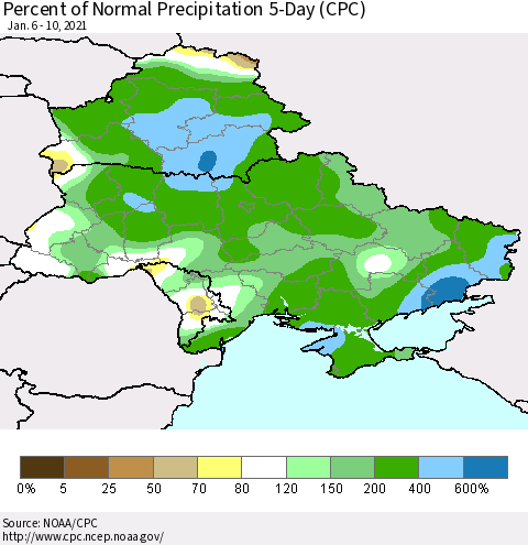 Ukraine, Moldova and Belarus Percent of Normal Precipitation 5-Day (CPC) Thematic Map For 1/6/2021 - 1/10/2021