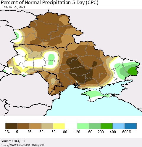 Ukraine, Moldova and Belarus Percent of Normal Precipitation 5-Day (CPC) Thematic Map For 1/16/2021 - 1/20/2021