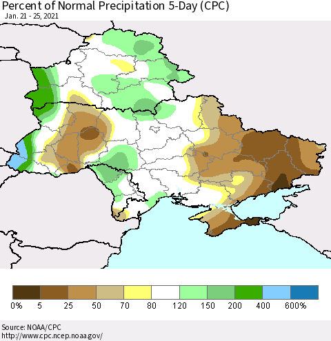 Ukraine, Moldova and Belarus Percent of Normal Precipitation 5-Day (CPC) Thematic Map For 1/21/2021 - 1/25/2021
