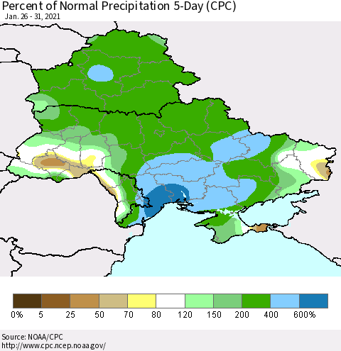 Ukraine, Moldova and Belarus Percent of Normal Precipitation 5-Day (CPC) Thematic Map For 1/26/2021 - 1/31/2021