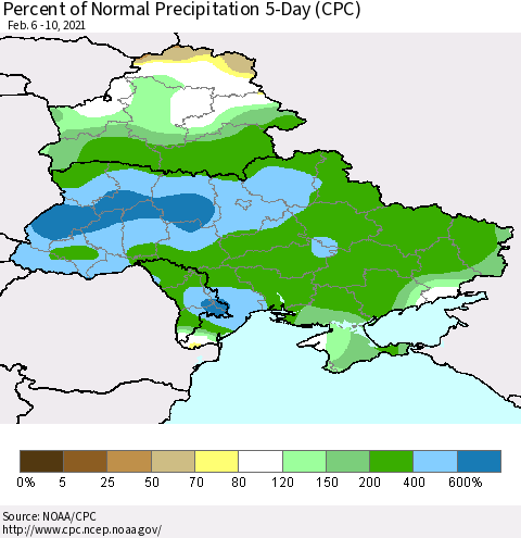 Ukraine, Moldova and Belarus Percent of Normal Precipitation 5-Day (CPC) Thematic Map For 2/6/2021 - 2/10/2021
