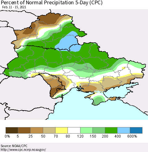 Ukraine, Moldova and Belarus Percent of Normal Precipitation 5-Day (CPC) Thematic Map For 2/11/2021 - 2/15/2021