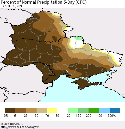 Ukraine, Moldova and Belarus Percent of Normal Precipitation 5-Day (CPC) Thematic Map For 2/21/2021 - 2/25/2021