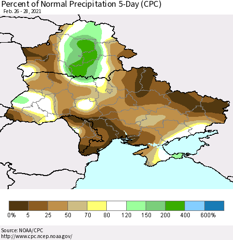 Ukraine, Moldova and Belarus Percent of Normal Precipitation 5-Day (CPC) Thematic Map For 2/26/2021 - 2/28/2021