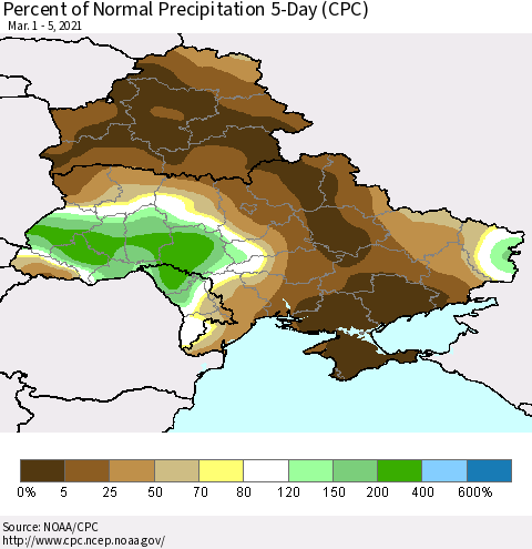 Ukraine, Moldova and Belarus Percent of Normal Precipitation 5-Day (CPC) Thematic Map For 3/1/2021 - 3/5/2021