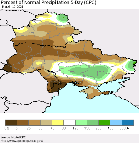 Ukraine, Moldova and Belarus Percent of Normal Precipitation 5-Day (CPC) Thematic Map For 3/6/2021 - 3/10/2021