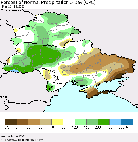 Ukraine, Moldova and Belarus Percent of Normal Precipitation 5-Day (CPC) Thematic Map For 3/11/2021 - 3/15/2021