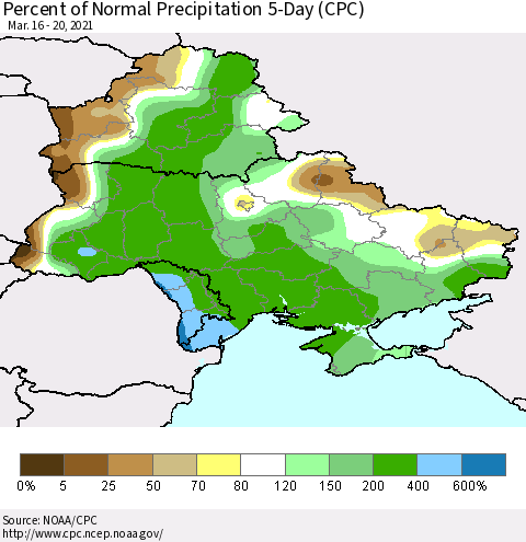 Ukraine, Moldova and Belarus Percent of Normal Precipitation 5-Day (CPC) Thematic Map For 3/16/2021 - 3/20/2021
