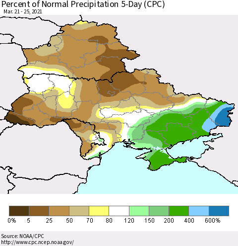 Ukraine, Moldova and Belarus Percent of Normal Precipitation 5-Day (CPC) Thematic Map For 3/21/2021 - 3/25/2021