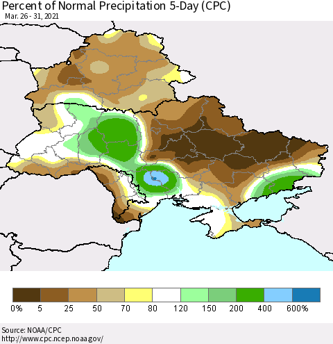 Ukraine, Moldova and Belarus Percent of Normal Precipitation 5-Day (CPC) Thematic Map For 3/26/2021 - 3/31/2021