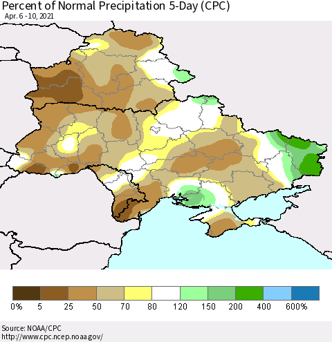 Ukraine, Moldova and Belarus Percent of Normal Precipitation 5-Day (CPC) Thematic Map For 4/6/2021 - 4/10/2021