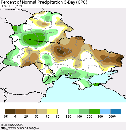 Ukraine, Moldova and Belarus Percent of Normal Precipitation 5-Day (CPC) Thematic Map For 4/11/2021 - 4/15/2021