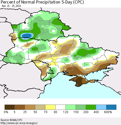 Ukraine, Moldova and Belarus Percent of Normal Precipitation 5-Day (CPC) Thematic Map For 4/21/2021 - 4/25/2021