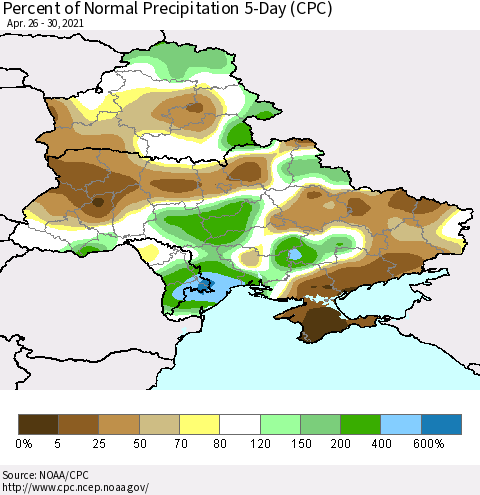 Ukraine, Moldova and Belarus Percent of Normal Precipitation 5-Day (CPC) Thematic Map For 4/26/2021 - 4/30/2021