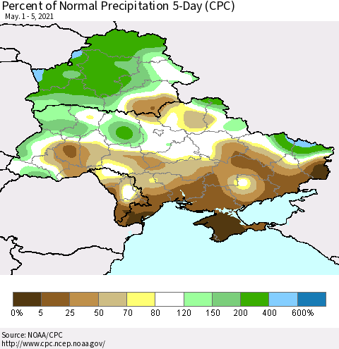 Ukraine, Moldova and Belarus Percent of Normal Precipitation 5-Day (CPC) Thematic Map For 5/1/2021 - 5/5/2021