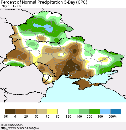 Ukraine, Moldova and Belarus Percent of Normal Precipitation 5-Day (CPC) Thematic Map For 5/11/2021 - 5/15/2021