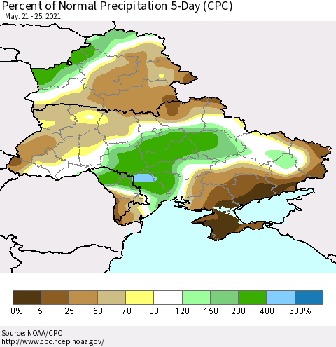 Ukraine, Moldova and Belarus Percent of Normal Precipitation 5-Day (CPC) Thematic Map For 5/21/2021 - 5/25/2021