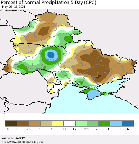 Ukraine, Moldova and Belarus Percent of Normal Precipitation 5-Day (CPC) Thematic Map For 5/26/2021 - 5/31/2021