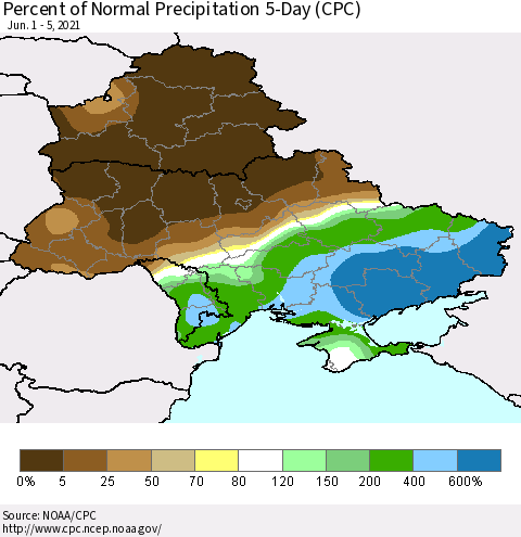 Ukraine, Moldova and Belarus Percent of Normal Precipitation 5-Day (CPC) Thematic Map For 6/1/2021 - 6/5/2021