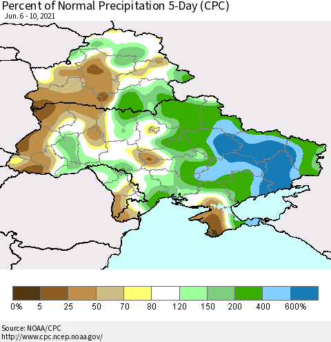 Ukraine, Moldova and Belarus Percent of Normal Precipitation 5-Day (CPC) Thematic Map For 6/6/2021 - 6/10/2021