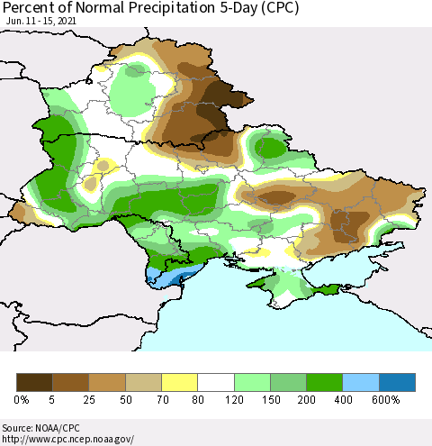 Ukraine, Moldova and Belarus Percent of Normal Precipitation 5-Day (CPC) Thematic Map For 6/11/2021 - 6/15/2021
