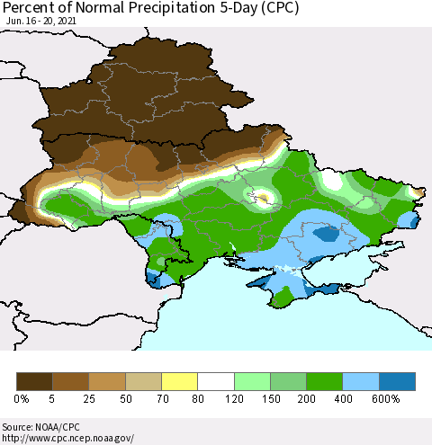 Ukraine, Moldova and Belarus Percent of Normal Precipitation 5-Day (CPC) Thematic Map For 6/16/2021 - 6/20/2021