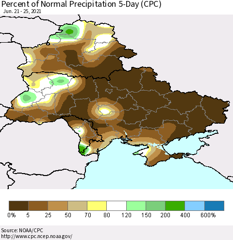 Ukraine, Moldova and Belarus Percent of Normal Precipitation 5-Day (CPC) Thematic Map For 6/21/2021 - 6/25/2021