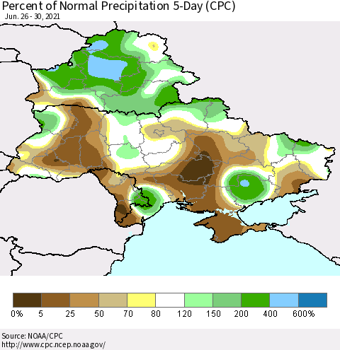 Ukraine, Moldova and Belarus Percent of Normal Precipitation 5-Day (CPC) Thematic Map For 6/26/2021 - 6/30/2021