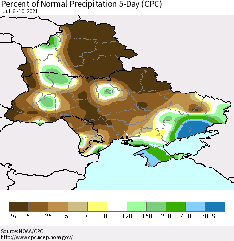 Ukraine, Moldova and Belarus Percent of Normal Precipitation 5-Day (CPC) Thematic Map For 7/6/2021 - 7/10/2021
