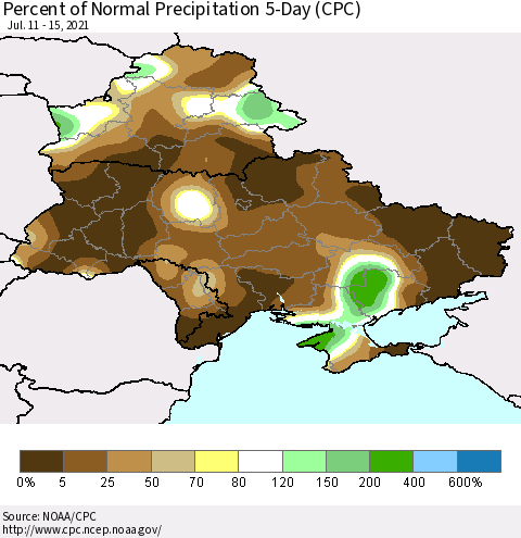 Ukraine, Moldova and Belarus Percent of Normal Precipitation 5-Day (CPC) Thematic Map For 7/11/2021 - 7/15/2021