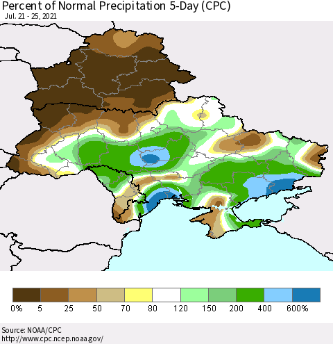 Ukraine, Moldova and Belarus Percent of Normal Precipitation 5-Day (CPC) Thematic Map For 7/21/2021 - 7/25/2021