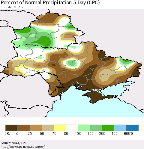 Ukraine, Moldova and Belarus Percent of Normal Precipitation 5-Day (CPC) Thematic Map For 7/26/2021 - 7/31/2021