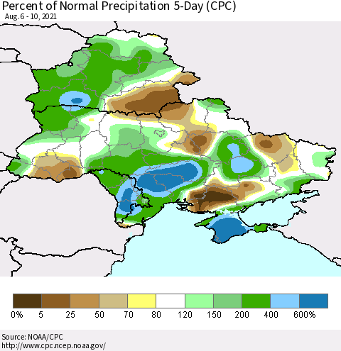 Ukraine, Moldova and Belarus Percent of Normal Precipitation 5-Day (CPC) Thematic Map For 8/6/2021 - 8/10/2021