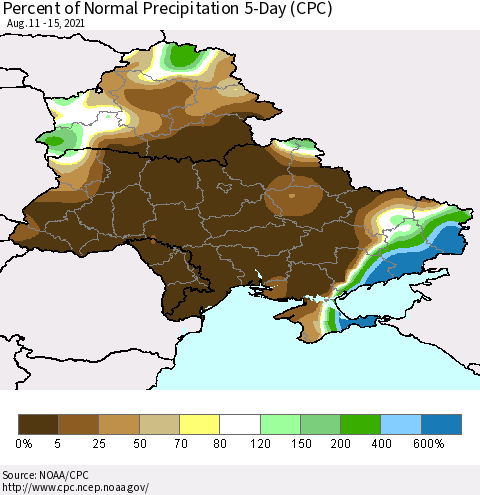 Ukraine, Moldova and Belarus Percent of Normal Precipitation 5-Day (CPC) Thematic Map For 8/11/2021 - 8/15/2021