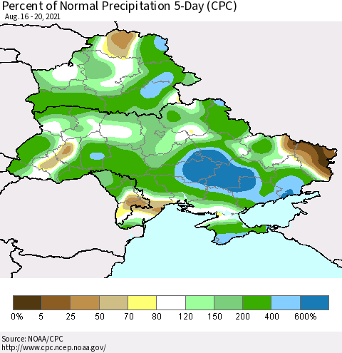 Ukraine, Moldova and Belarus Percent of Normal Precipitation 5-Day (CPC) Thematic Map For 8/16/2021 - 8/20/2021