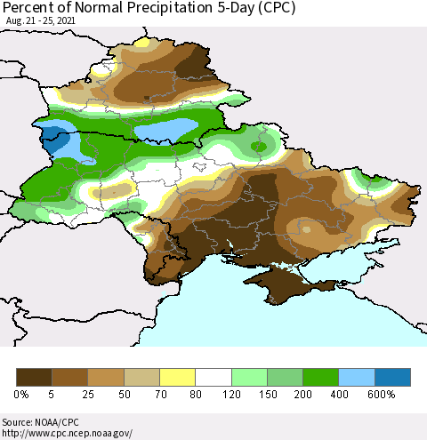 Ukraine, Moldova and Belarus Percent of Normal Precipitation 5-Day (CPC) Thematic Map For 8/21/2021 - 8/25/2021