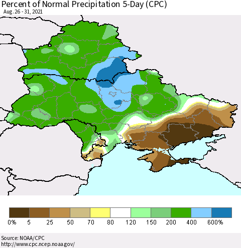 Ukraine, Moldova and Belarus Percent of Normal Precipitation 5-Day (CPC) Thematic Map For 8/26/2021 - 8/31/2021