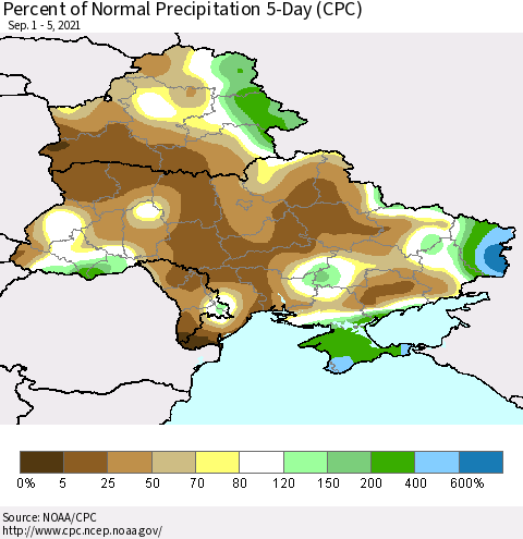 Ukraine, Moldova and Belarus Percent of Normal Precipitation 5-Day (CPC) Thematic Map For 9/1/2021 - 9/5/2021