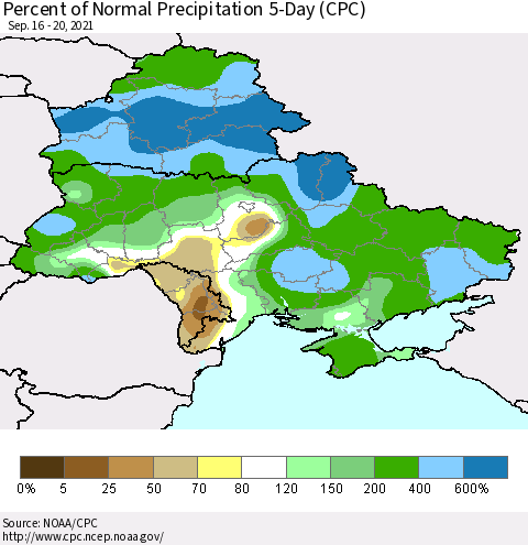 Ukraine, Moldova and Belarus Percent of Normal Precipitation 5-Day (CPC) Thematic Map For 9/16/2021 - 9/20/2021