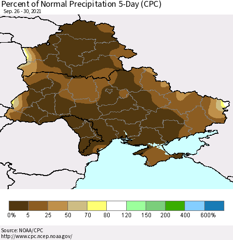 Ukraine, Moldova and Belarus Percent of Normal Precipitation 5-Day (CPC) Thematic Map For 9/26/2021 - 9/30/2021