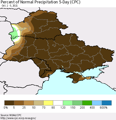 Ukraine, Moldova and Belarus Percent of Normal Precipitation 5-Day (CPC) Thematic Map For 10/1/2021 - 10/5/2021