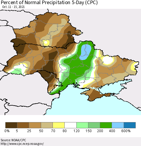 Ukraine, Moldova and Belarus Percent of Normal Precipitation 5-Day (CPC) Thematic Map For 10/11/2021 - 10/15/2021