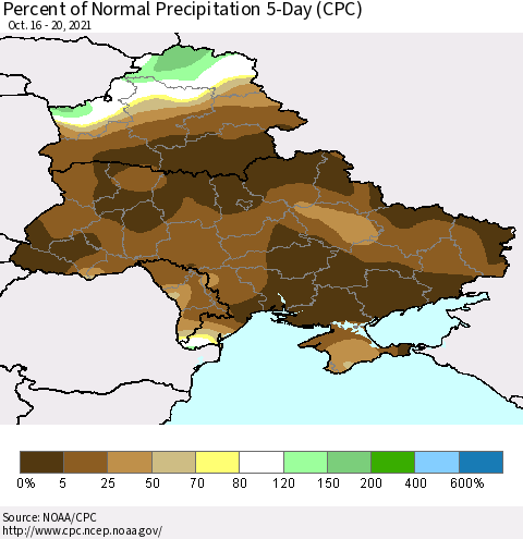 Ukraine, Moldova and Belarus Percent of Normal Precipitation 5-Day (CPC) Thematic Map For 10/16/2021 - 10/20/2021