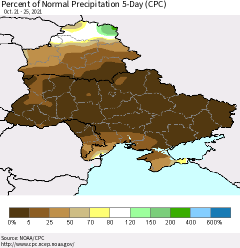 Ukraine, Moldova and Belarus Percent of Normal Precipitation 5-Day (CPC) Thematic Map For 10/21/2021 - 10/25/2021