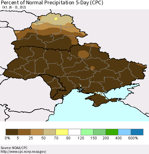 Ukraine, Moldova and Belarus Percent of Normal Precipitation 5-Day (CPC) Thematic Map For 10/26/2021 - 10/31/2021