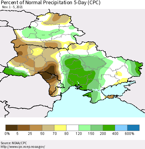 Ukraine, Moldova and Belarus Percent of Normal Precipitation 5-Day (CPC) Thematic Map For 11/1/2021 - 11/5/2021